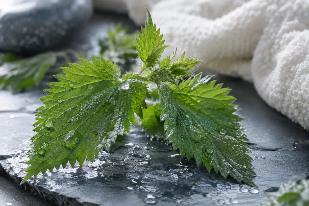 Frische Brennnesselblätter mit Wassertropfen auf dunklem Stein