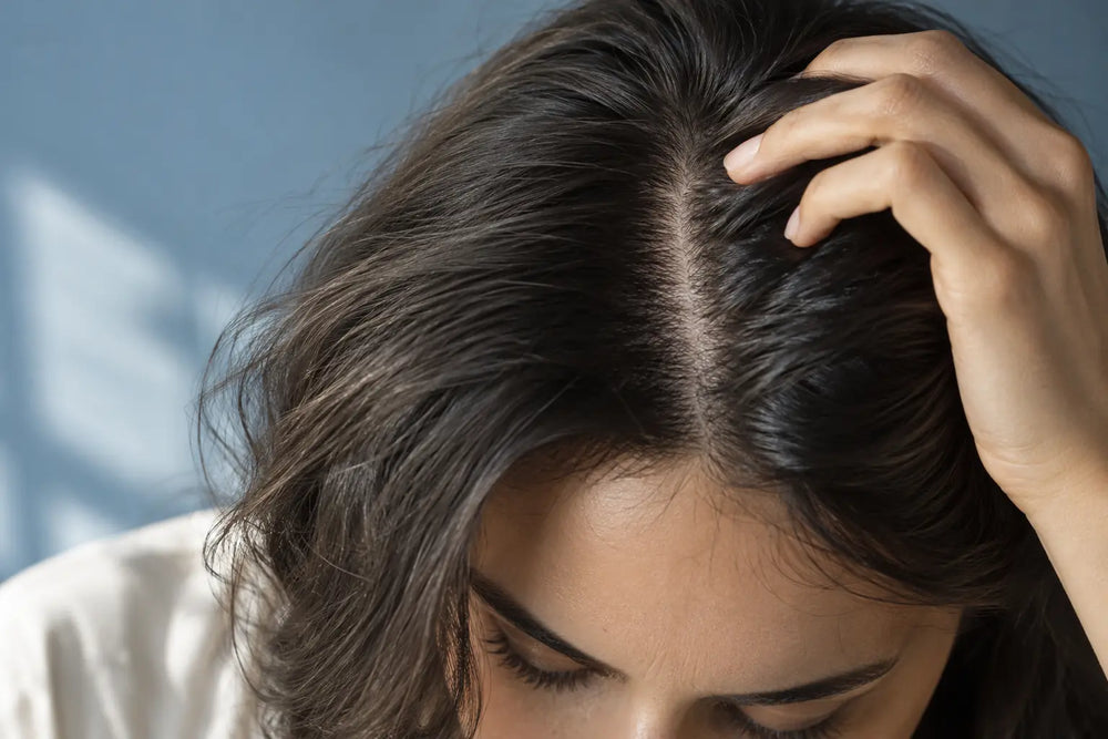 Nahaufnahme von Haaransatz und Kopfhaut mit sanft angehobenem Haar
