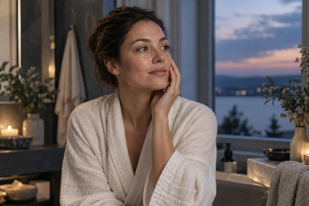 Frau bei einer ruhigen abendlichen Hautpflegeroutine am Fenster