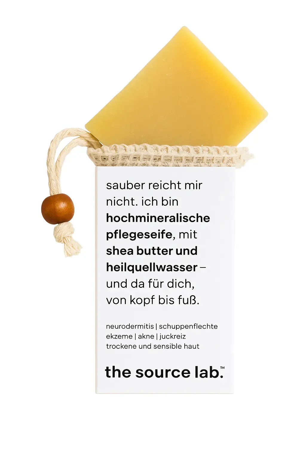 Zwei feste Seifen von THE SOURCE LAB im Vorteilsset mit Peelingbeutel für Gesicht und Körper, ca. 200 g.