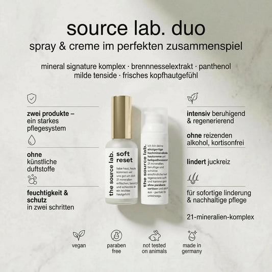 Vorteilsset Duo Bundle von THE SOURCE LAB für empfindliche und irritierte Haut, zwei klare Pflege-Schritte, Produktflaschen.