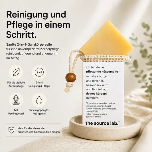 Sanfte 2-in-1-Ganzkörperseife mit Peelingbeutel | Reinigung und Pflege in einem Schritt | 100 g