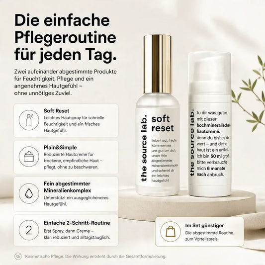 Duo Bundle | Spray 50 ml + Creme 50 ml
Große 2-Schritt-Routine für sensible und trockene Haut