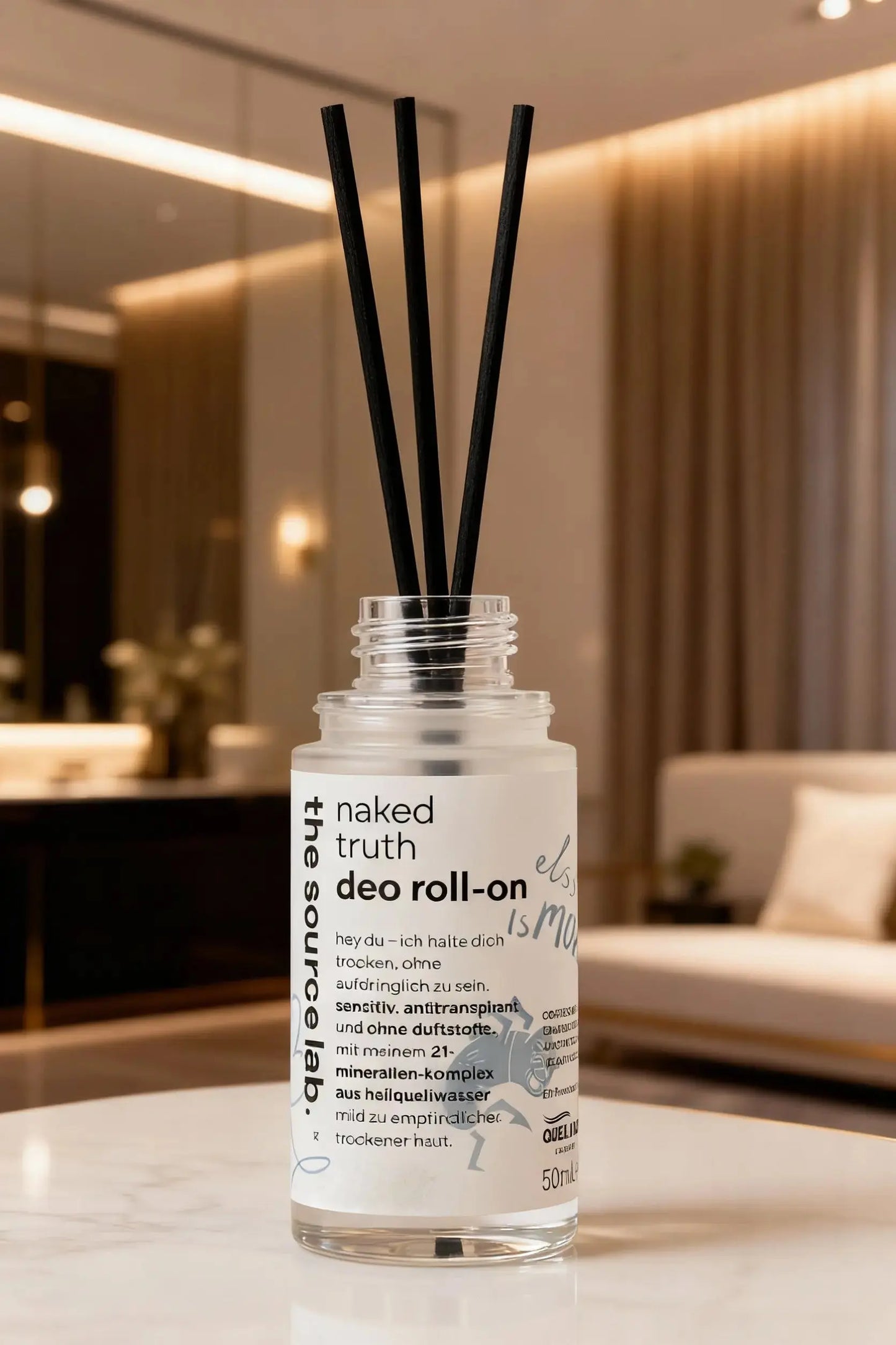 Naked Truth Sensitive Deo Roll-on von THE SOURCE LAB, 50 ml, ohne Duftstoffe, inklusive Raumduft-Set, frischer Schutz für empfindliche Haut