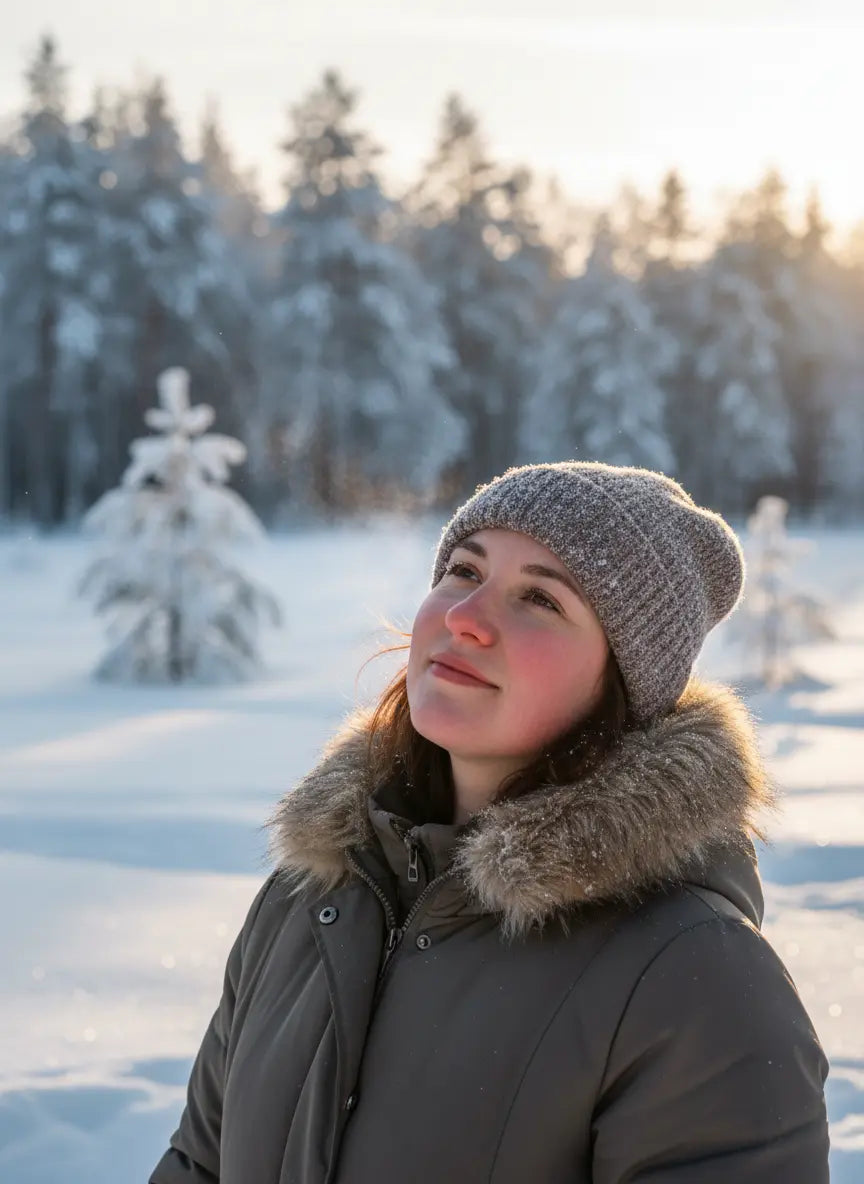 Winterpflege für sensible Haut: Person mit geröteten Wangen im Winter, die eine sanfte Layering-Hautpflege-Routine im Bad anwendet