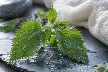 Frische Brennnesselblätter mit Wassertropfen auf dunklem Stein
