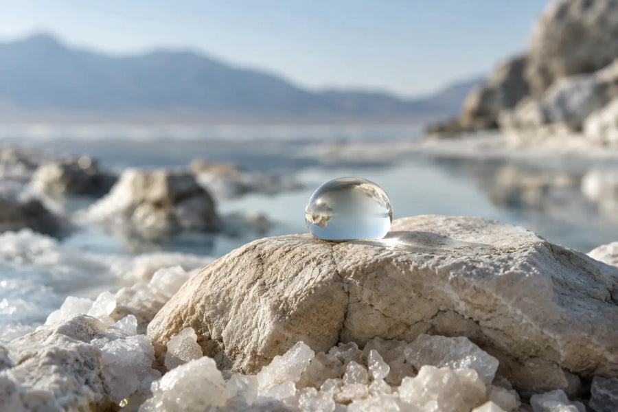 Wassertropfen auf einem hellen Mineralstein mit Salzkristallen