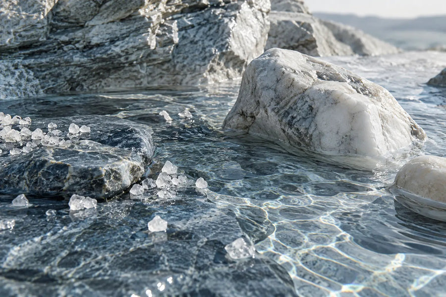 Klares Wasser, helle Mineralsteine und Salzkristalle