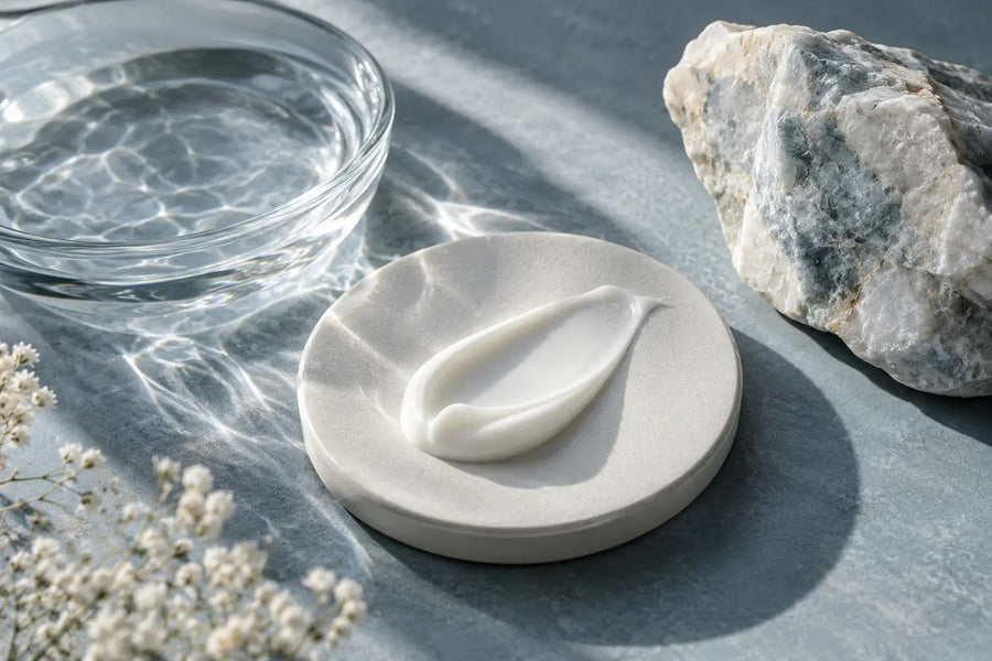 Creme, Wasser und Mineralstein als Symbolbild mineralischer Hautpflege