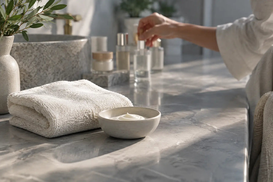 Reduzierte Pflegeroutine mit Creme und Handtuch auf einem Waschtisch