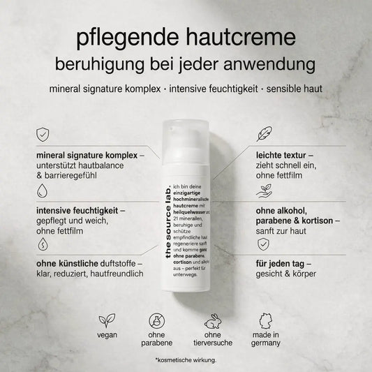 Sanfte Pflegecreme von THE SOURCE LAB für trockene und empfindliche Haut, 50 ml, cremige Textur in einer weißen Packung