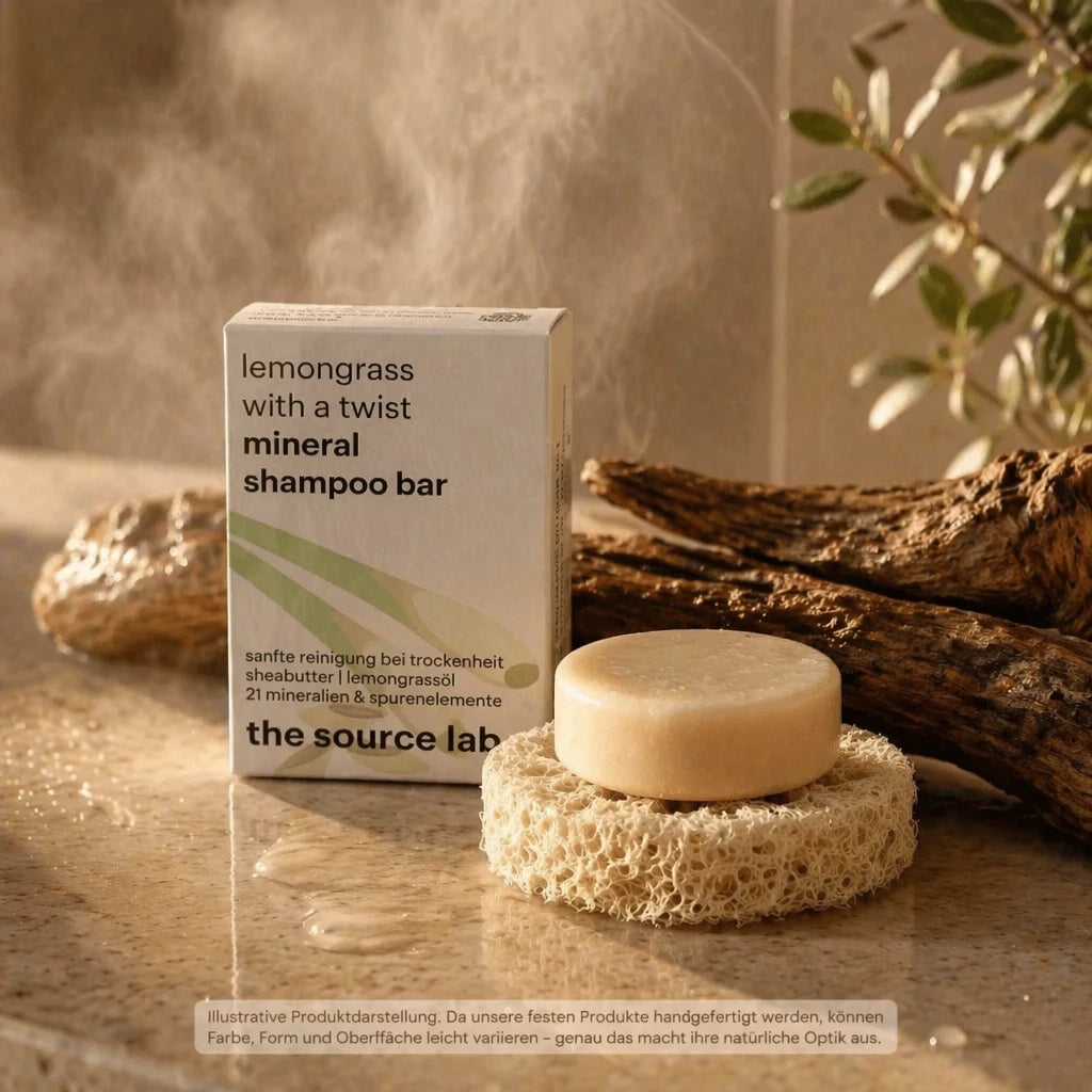 Lemongrass with a Twist | Feste Mineral Shampoo Bar | Für bis zu 60 Haarwäschen | 50 g inkl. Luffa-Seifenkissen