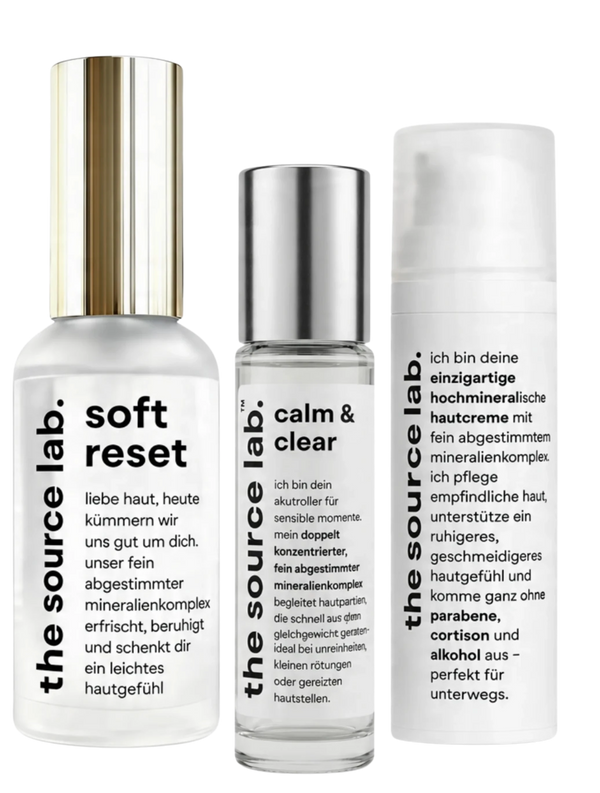 Starter Bundle | Spray 50 ml + Creme 15 ml + Akutroller 10 ml
Kennenlern-Set für Pflege, Feuchtigkeit & kleine SOS-Momente