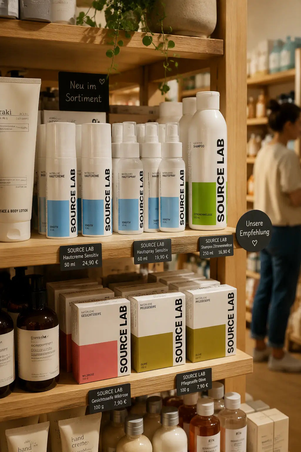 SOURCE LAB Soins de la peau, shampoing et savons sur l'étagère de vente