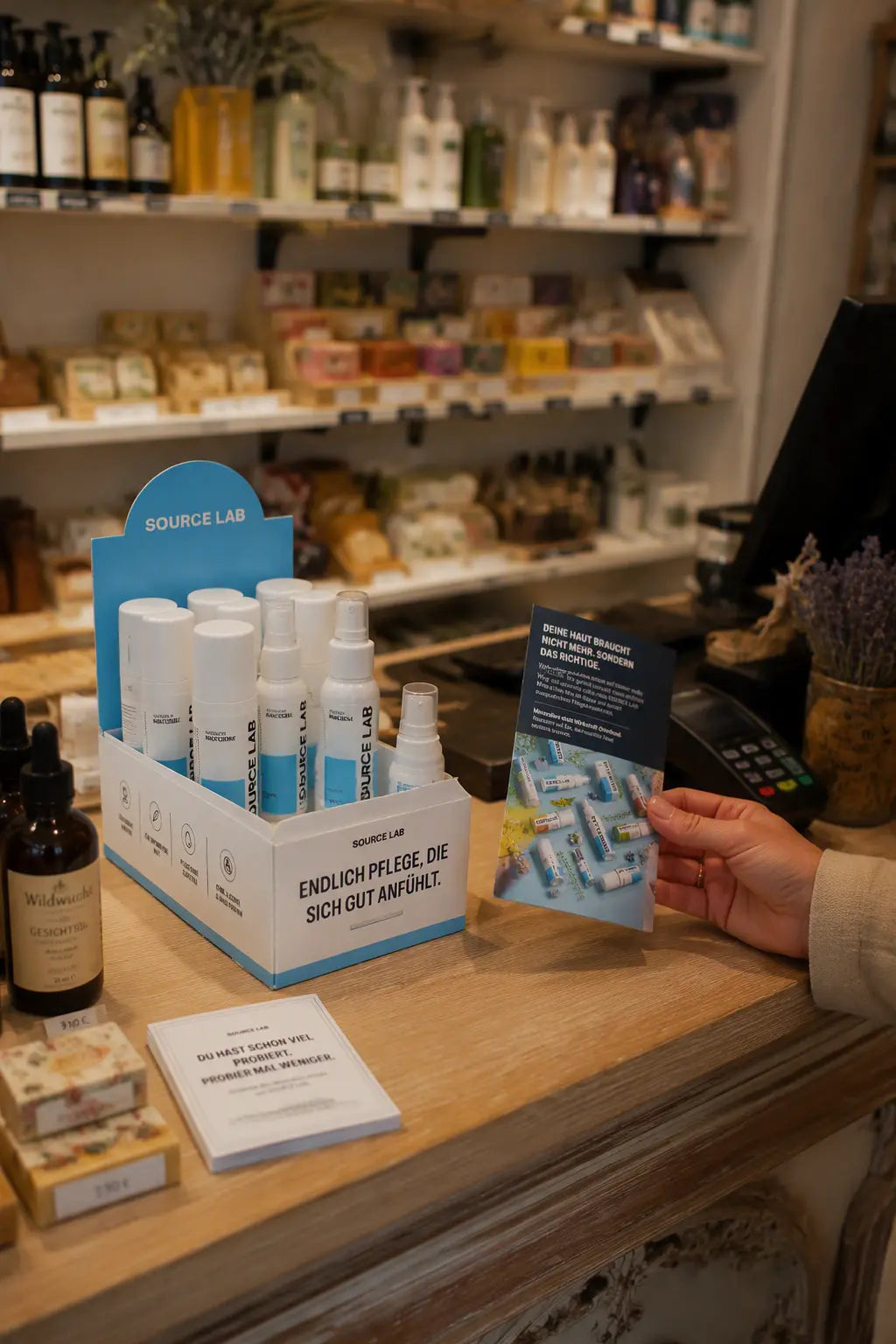Présentoir de comptoir SOURCE LAB avec soins pour la peau et dépliants produits chez les détaillants spécialisés