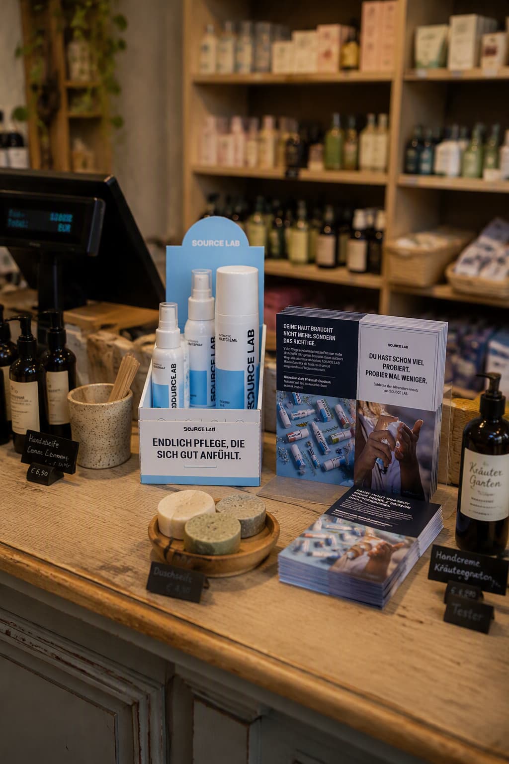 Présentoir de vente et informations produit SOURCE LAB dans le commerce spécialisé en cosmétiques naturels