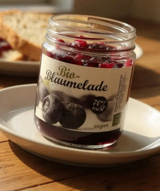 Blick auf ein Glas Bio-Blaumelade vom Bickbeernhof, fruchtige Heidelbeer-Konfitüre aus der Region, 210g.