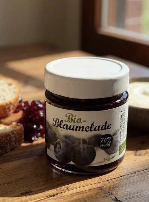 Bio-Blaumelade von Bickbeernhof, fruchtige Heidelbeer-Konfitüre in 210 g Glas, regionale Spezialität, frisch und natürlich.