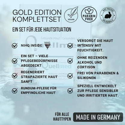 Quellmed GOLD: Komplettpflege für Gesicht & Körper – Spray, Creme, Reinigung & Akutpflege bei empfindlicher Haut & Irritationen. Quellmed Shop