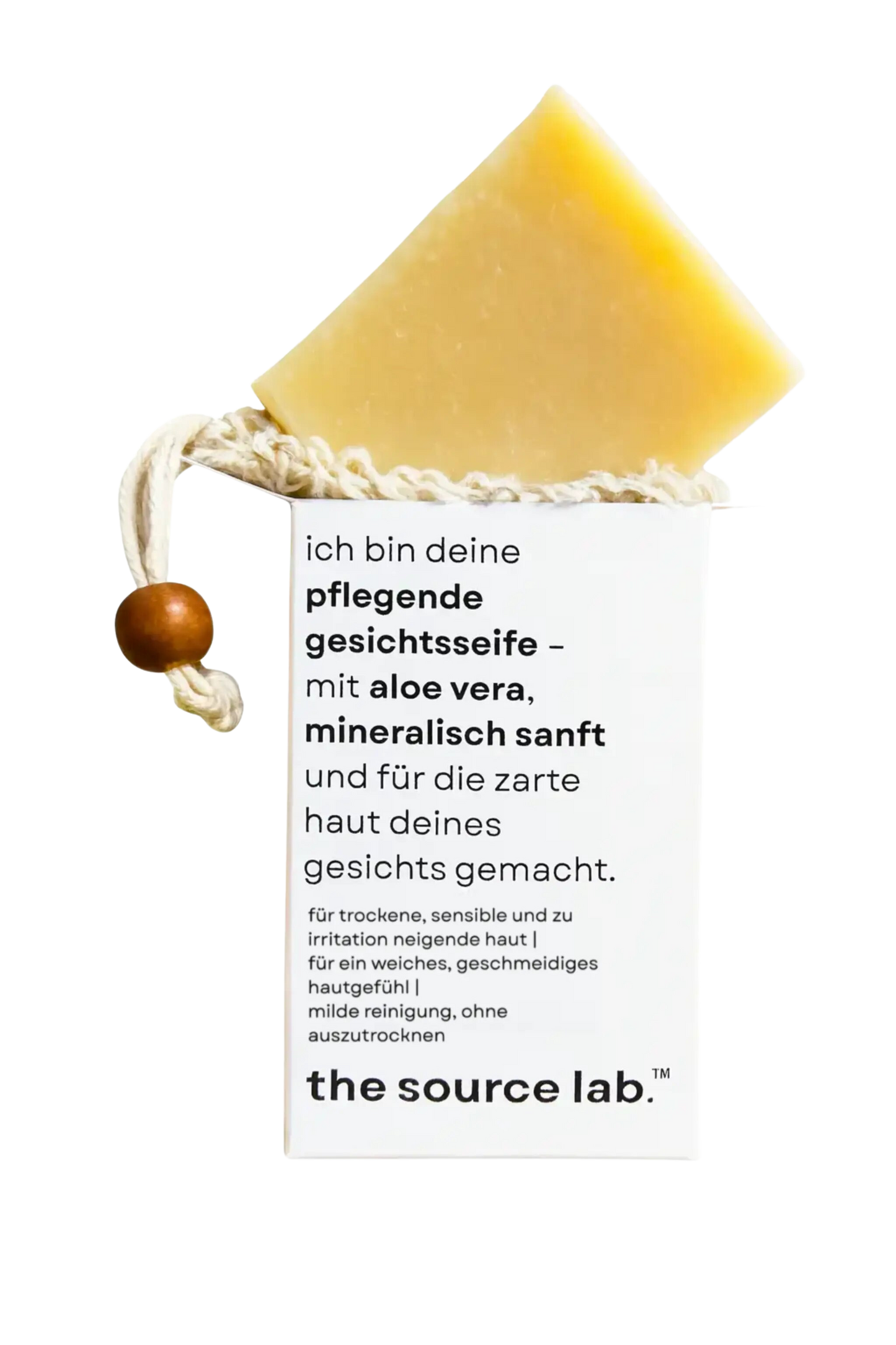 Sanfte Gesichtsseife von THE SOURCE LAB mit Peelingbeutel, 100 g, für seidig reine Haut, sichtbare Reinigung und Pflege.
