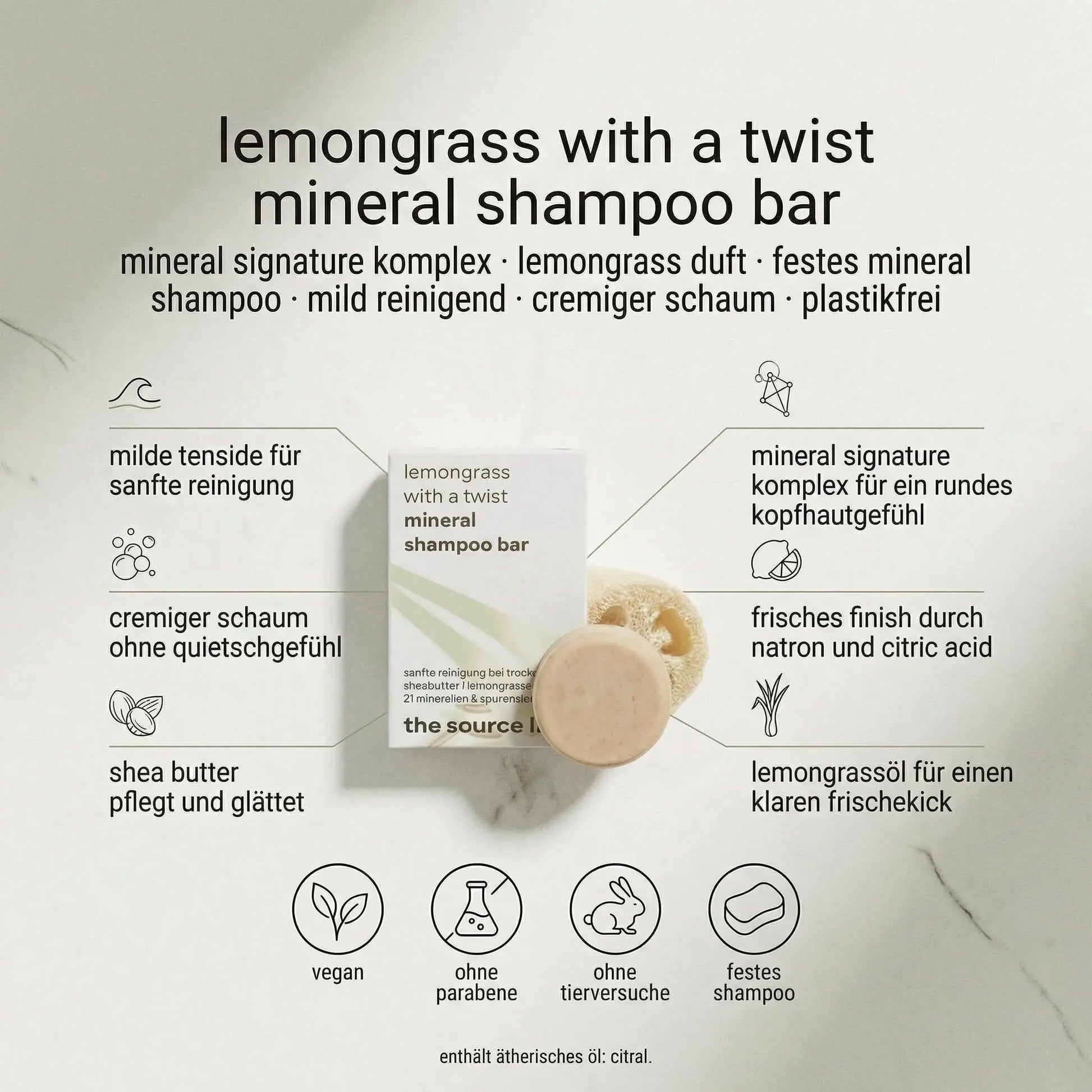 lemongrass with a twist I mineral shampoo bar I inklusive seifenkissen I 50g THE SOURCE LAB