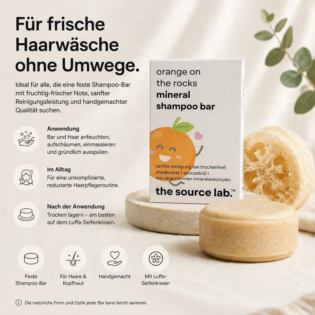 Orange on the Rocks | Feste Mineral Shampoo Bar I 50 g inkl. Luffa-Seifenkissen