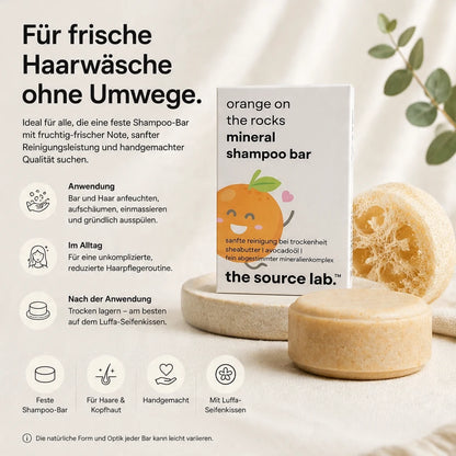 Orange on the Rocks | Feste Mineral Shampoo Bar I 50 g inkl. Luffa-Seifenkissen