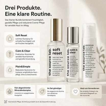 Starter Bundle | Spray 50 ml + Creme 15 ml + Akutroller 10 ml
Kennenlern-Set für Pflege, Feuchtigkeit & kleine SOS-Momente