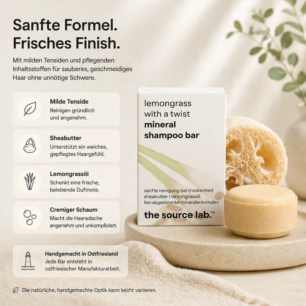 Lemongrass with a Twist | Feste Mineral Shampoo Bar | 50 g inkl. Luffa-Seifenkissen