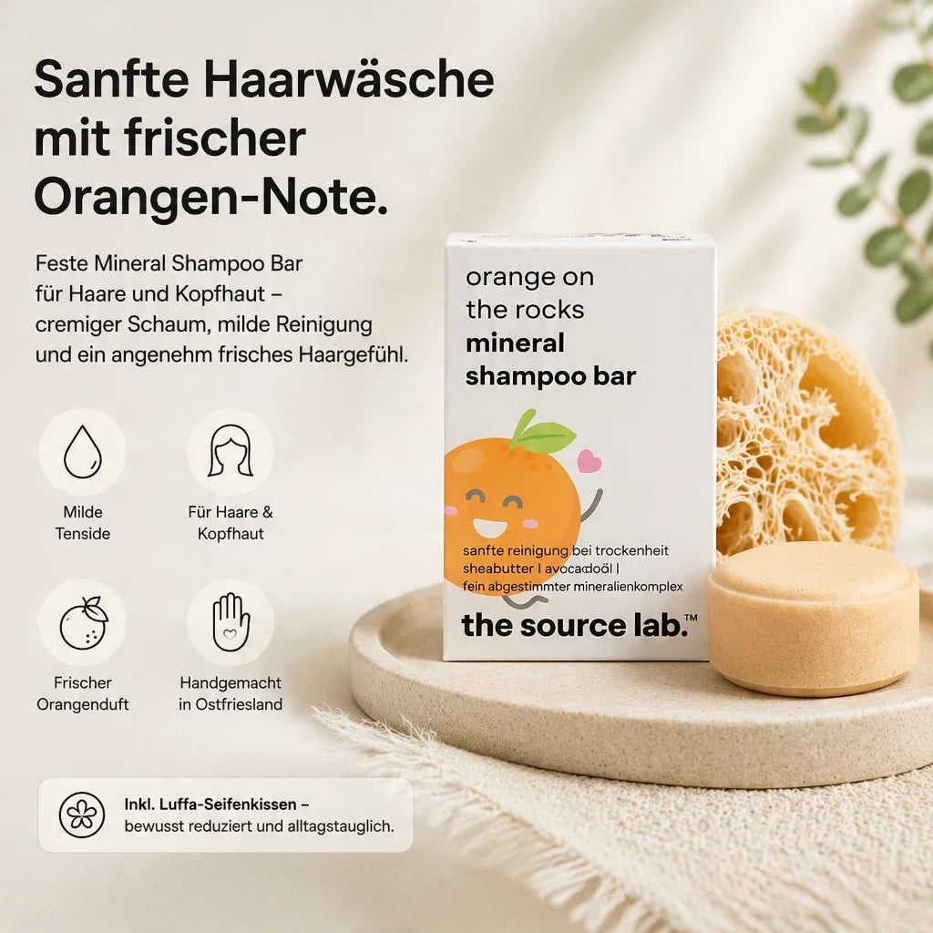 Orange on the Rocks | Feste Mineral Shampoo Bar I 50 g inkl. Luffa-Seifenkissen