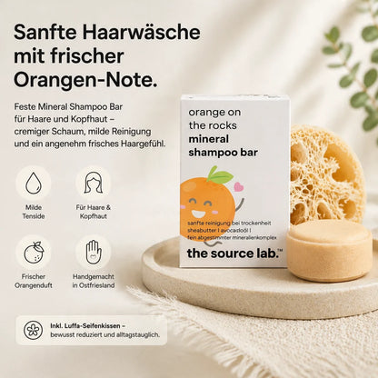 Orange on the Rocks | Feste Mineral Shampoo Bar I 50 g inkl. Luffa-Seifenkissen