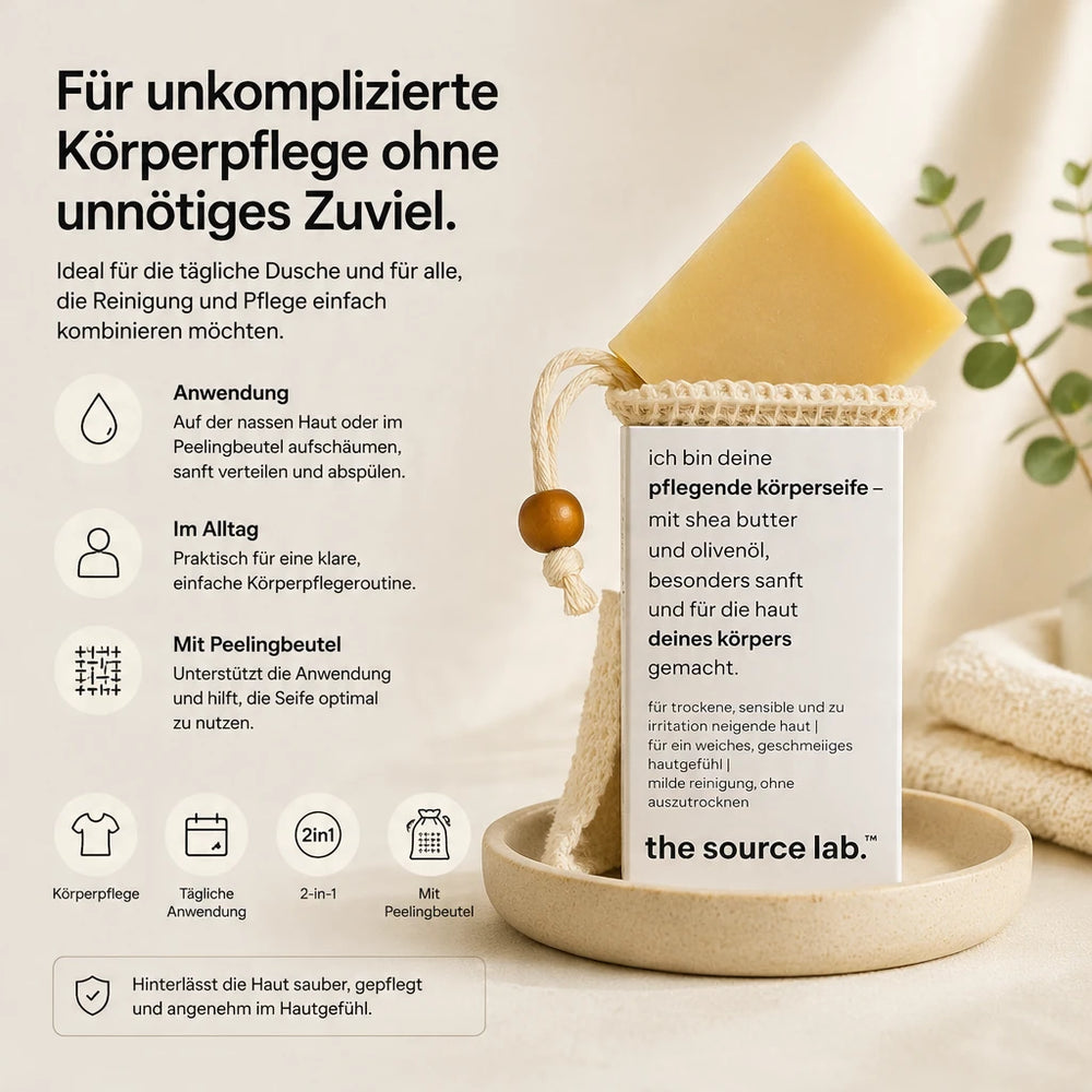 Sanfte 2-in-1-Ganzkörperseife mit Peelingbeutel | Reinigung und Pflege in einem Schritt | 100 g