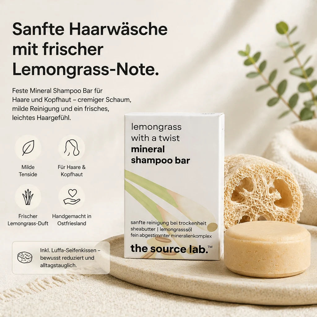 Lemongrass with a Twist | Feste Mineral Shampoo Bar | 50 g inkl. Luffa-Seifenkissen