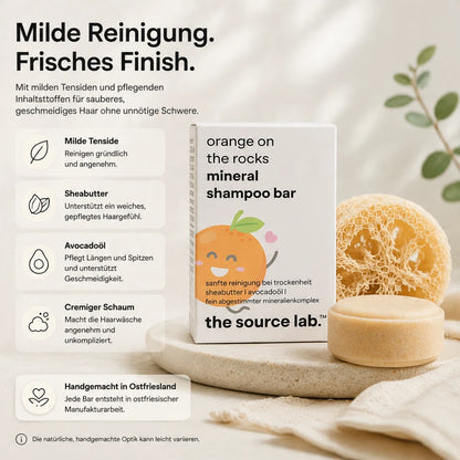 Orange on the Rocks | Feste Mineral Shampoo Bar I 50 g inkl. Luffa-Seifenkissen