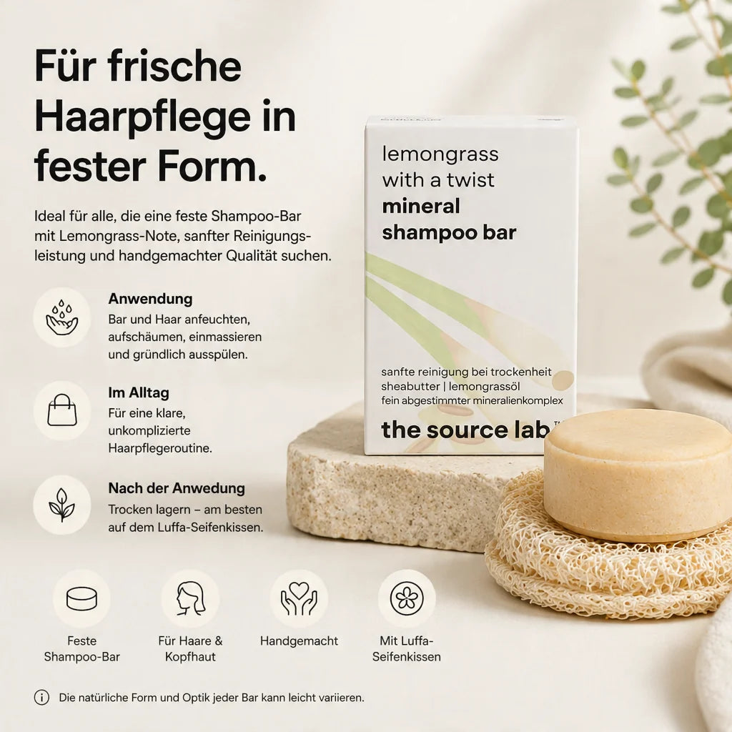 Lemongrass with a Twist | Feste Mineral Shampoo Bar | 50 g inkl. Luffa-Seifenkissen