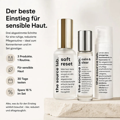 Starter Bundle | Spray 50 ml + Creme 15 ml + Akutroller 10 ml
Kennenlern-Set für Pflege, Feuchtigkeit & kleine SOS-Momente