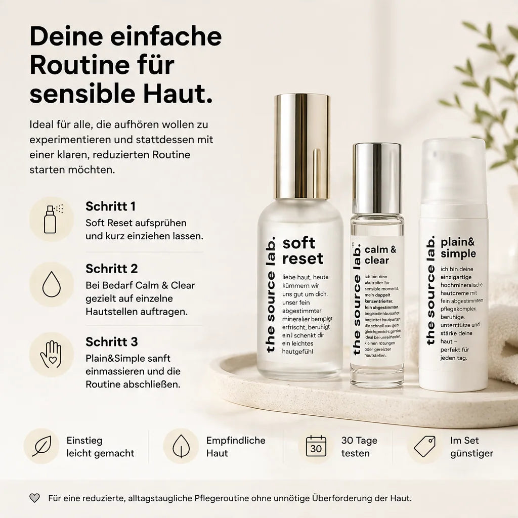 Starter Bundle | Spray 50 ml + Creme 15 ml + Akutroller 10 ml
Kennenlern-Set für Pflege, Feuchtigkeit & kleine SOS-Momente