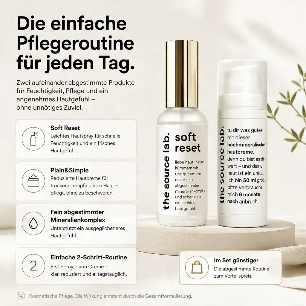 Duo Bundle | Spray 50 ml + Creme 50 ml
Große 2-Schritt-Routine für sensible und trockene Haut
