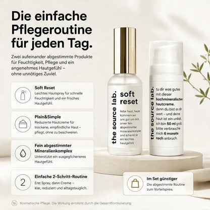 Duo Bundle | Spray 50 ml + Creme 50 ml
Große 2-Schritt-Routine für sensible und trockene Haut