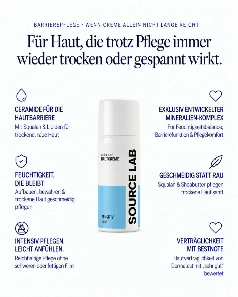 Crème pour le visage Sensitive – Soin barrière pour peaux sèches, rugueuses & tiraillées
