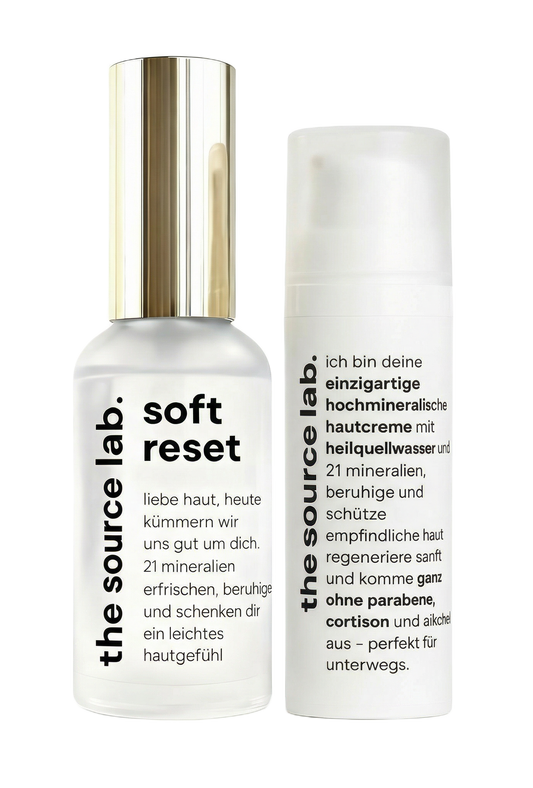 Vorteilsset von THE SOURCE LAB, sanfte Hautpflege für sensible, irritierte Haut, inklusive Reinigungs- und Pflegeprodukte im Duo-Bundle