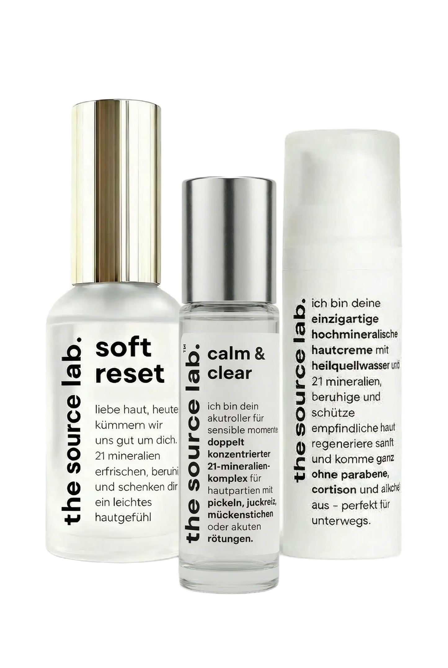 Vorteilsset von THE SOURCE LAB mit drei Schritten für empfindliche und trockene Haut, inklusive Reinigung, Pflege und Feuchtigkeit.